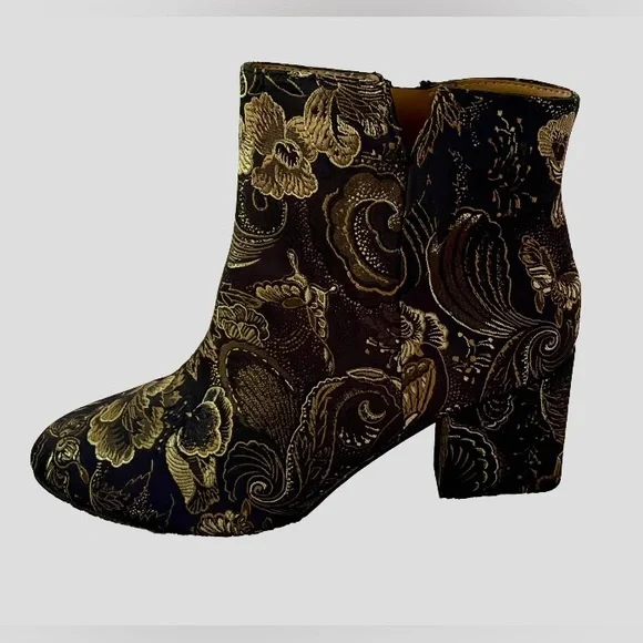 Franco Sarto Embroidered Black and Gold Ankle Boots - Picture 2 of 7